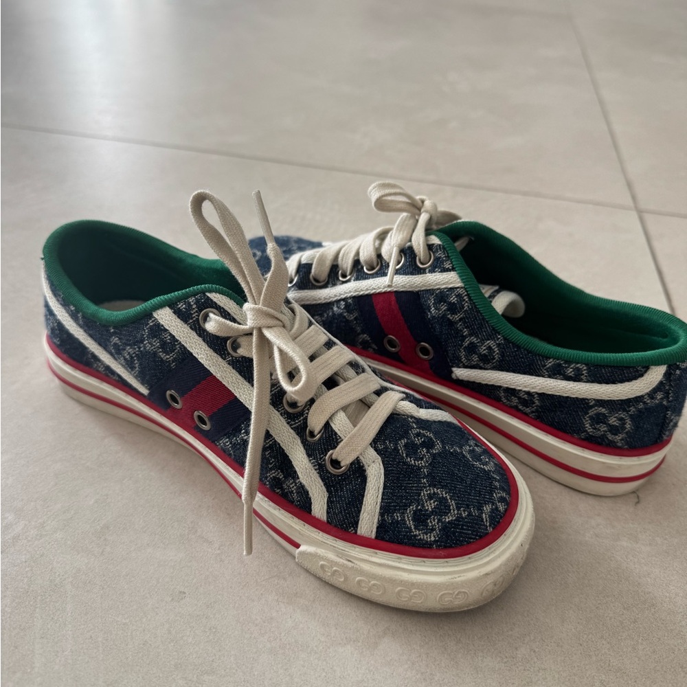 Gucci Blue and Green Sneakers with Red Accents